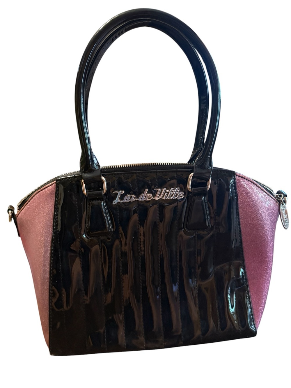 Lux De Ville Black and Pink Patent Dome Handbag rockabilly metallic shiny